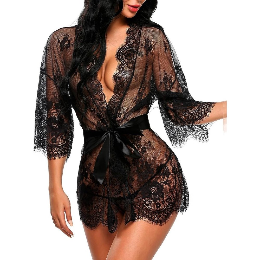 Women's Lace Kimono Robe Babydoll Lingerie Mesh Nightgown
